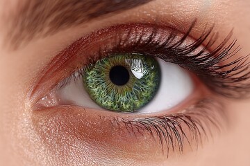 Extreme Close-Up of Green Eye with Long Eyelashes and Detailed Iris Texture in Bright Natural Lighting.