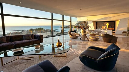 Modern luxury living room with ocean view at sunset, featuring elegant furniture and decor