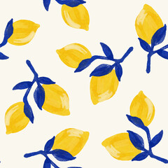 Bold hand painted lemon branch seamless pattern in mediterranean style illustration