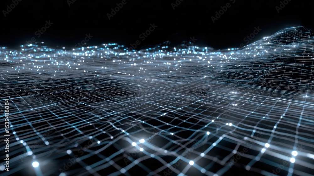 Poster digital landscape with glowing nodes on a grid against a dark background creating a futuristic feel