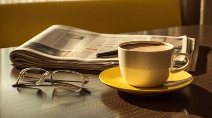 A white coffee cup on a yellow saucer sits on a dark wooden table beside a newspaper and reading glasses, bathed in warm sunlight