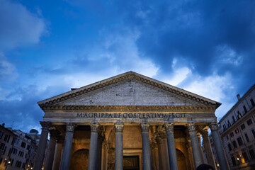 Monumental view of the Pantheon in Rome on Piazza della Rotonda, featuring grand Corinthian...