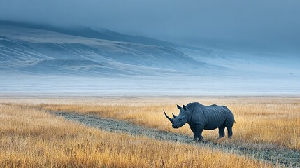 Fototapeta premium A solitary black rhinoceros stands in a vast, golden savanna landscape.
