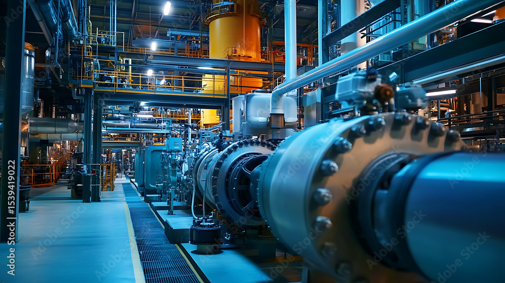 Poster a factory with many machines and pipes. the machines are all different sizes and shapes. the pipes a
