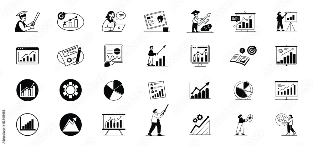 Poster collection of finance and business analytics icons representing growth charts graphs and data presen