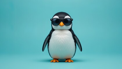 A cute penguin wearing sunglasses poses against a teal background.