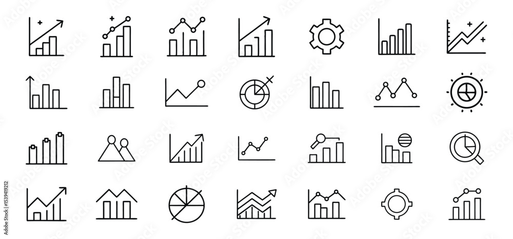 Poster collection of modern business and finance analytics charts and graphs illustrated in a line art styl