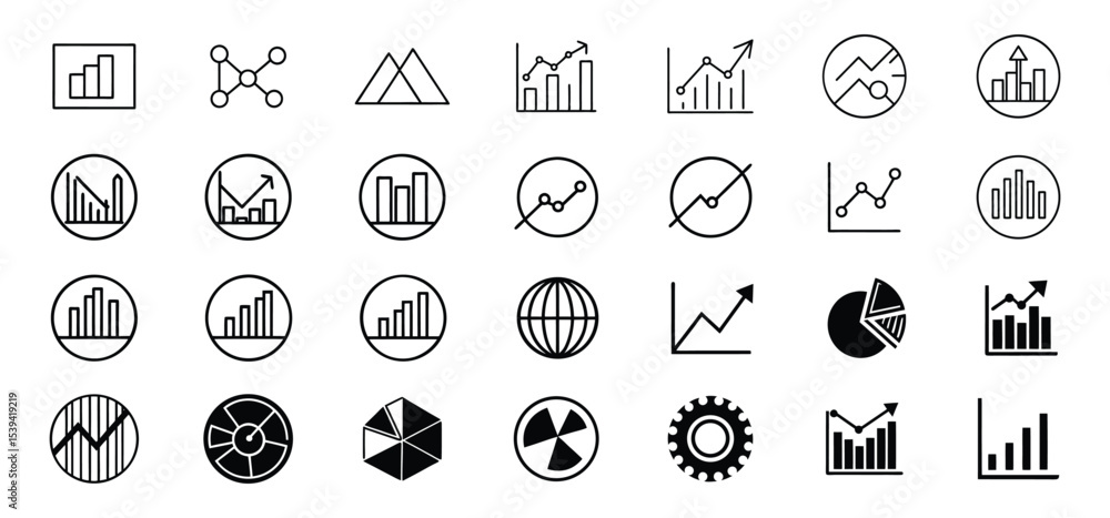 Poster collection of modern business and finance related icons depicting trends and data analysis for web a