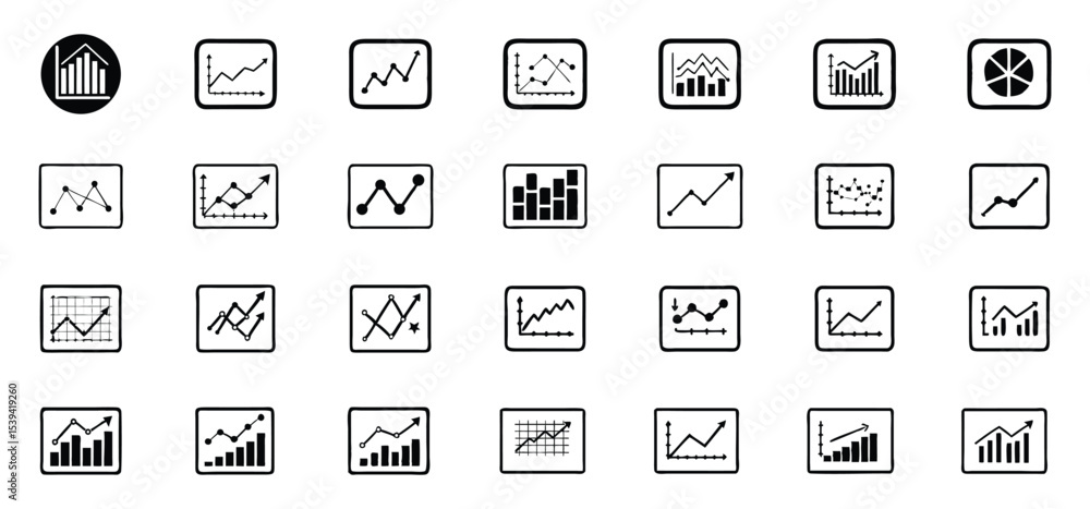 Poster collection of various data chart icons illustrating business and financial trends in different forma
