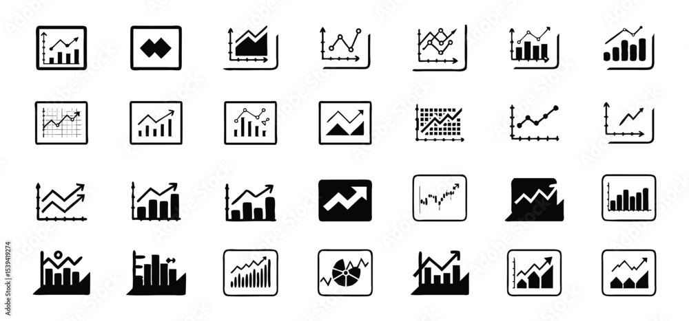 Poster collection of simple black and white chart icons representing financial growth and data analysis for