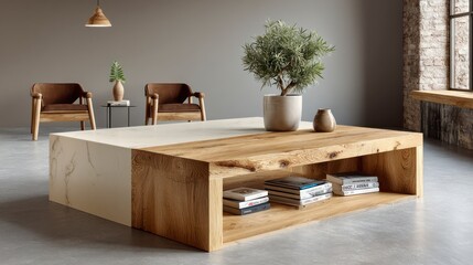 Modern Wooden Coffee Table with Plant  Books    Marble Top