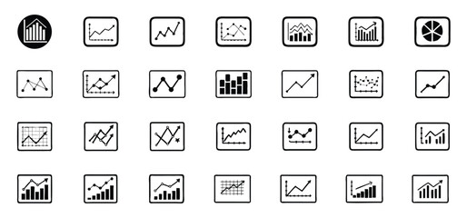 Collection of various data chart icons illustrating business and financial trends in different formats and styles