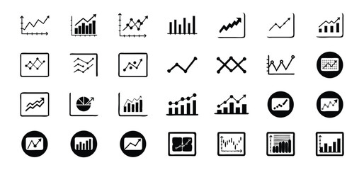 Collection of black and white hand drawn business data financial chart graphs and diagrams icons for design elements