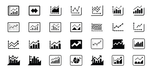 Collection of simple black and white chart icons representing financial growth and data analysis for business concepts