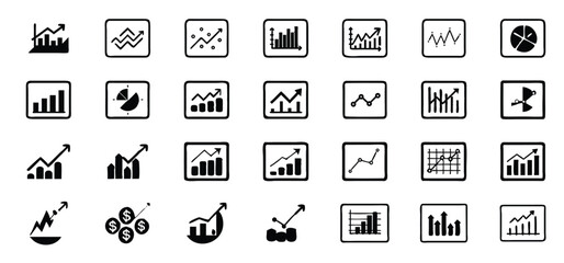 Collection of business and finance data charts and graphs icons illustrating growth and analysis in modern design
