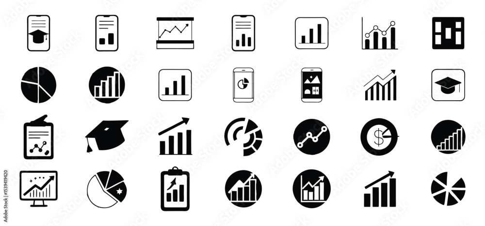 Poster collection of modern monochrome chart and graph icons depicting data analytics business and educatio