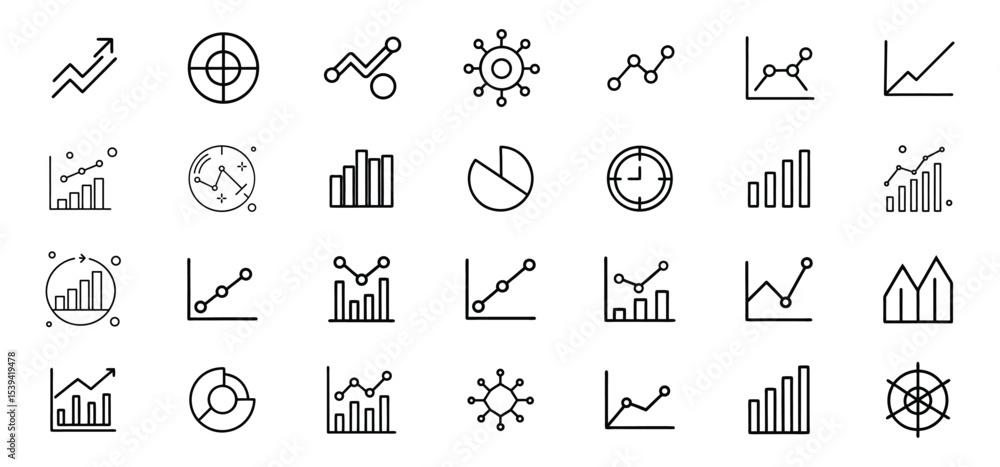 Poster collection of various statistical charts and graphs in minimalist outline style representing data an