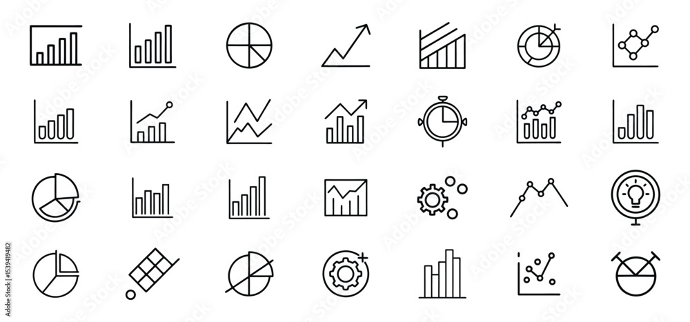 Poster a collection of twenty seven minimalistic linear chart diagrams displaying data analytics and financ