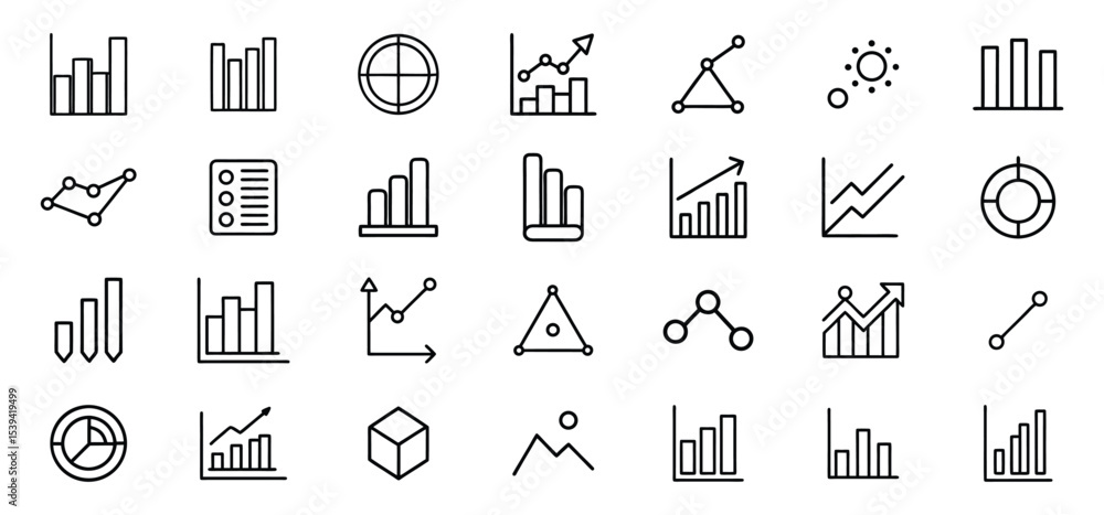 Poster a collection of minimalist line icons depicting diverse data analysis and financial chart representa