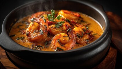 Spicy shrimp curry in a dark pot