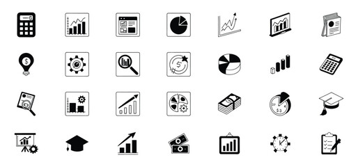A collection of business and finance icons representing charts, statistics, money, education, and time management in a clean black and white style