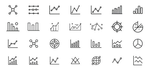Collection of diverse data analysis and business performance charts displayed in minimalistic outline style