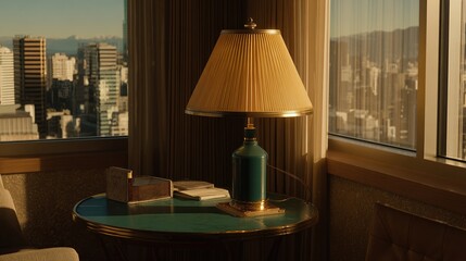 A teal table lamp with a pleated beige shade sits on a round teal side table, overlooking a sunlit cityscape from a high-rise window.  Warm sunlight streams into 