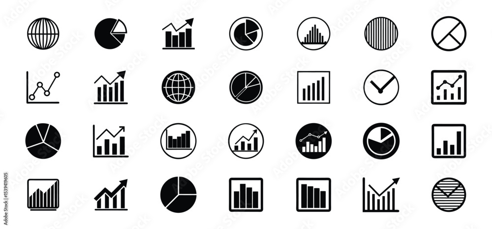 Poster collection of various black and white business chart and graph icons representing data analysis and 