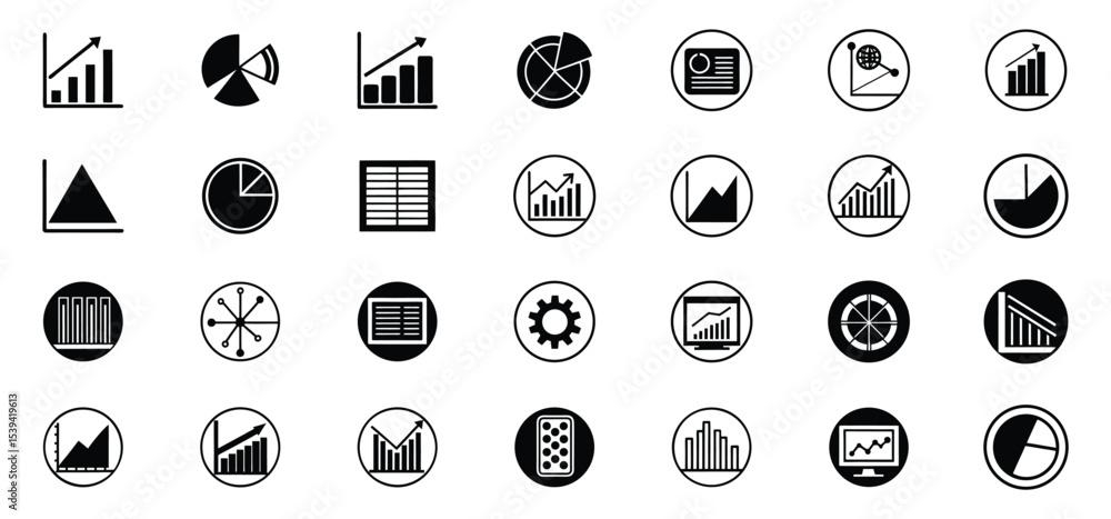Aufkleber collection of modern business and financial graphs pie charts and data analysis icons in simple blac