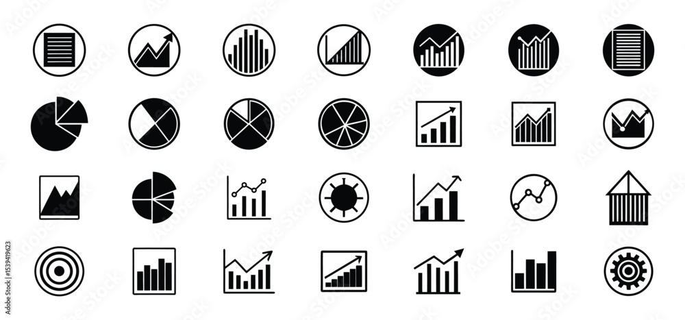 Poster collection of modern business and financial charts and graphs black and white icons for data analysi