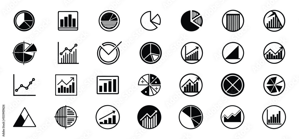 Poster collection of vector icon charts and graphs illustrating data analysis and business statistics in bl