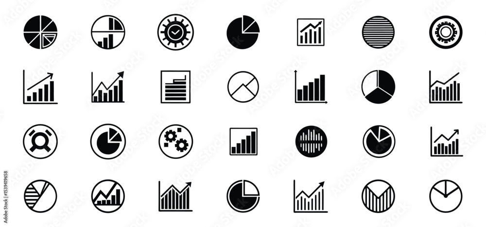 Poster collection of black and white data charts and business graph icons representing analysis and statist
