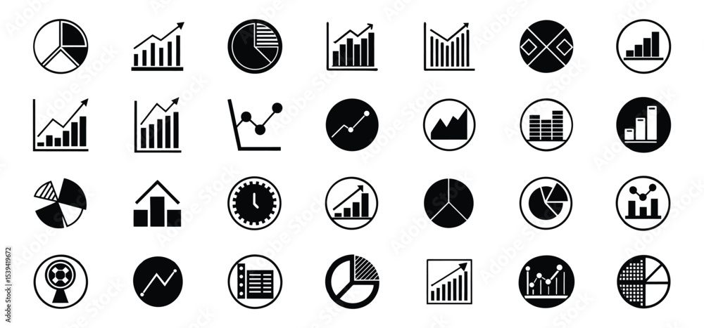 Poster collection of various black and white business financial charts and graphs displaying data and infor