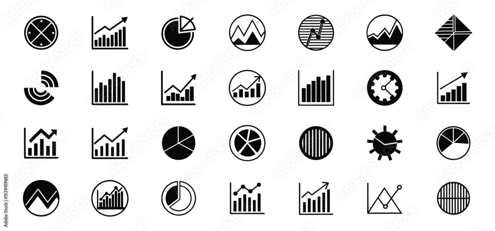 Poster a collection of clean and simple business charts and graphs icons depicting data analytics and finan