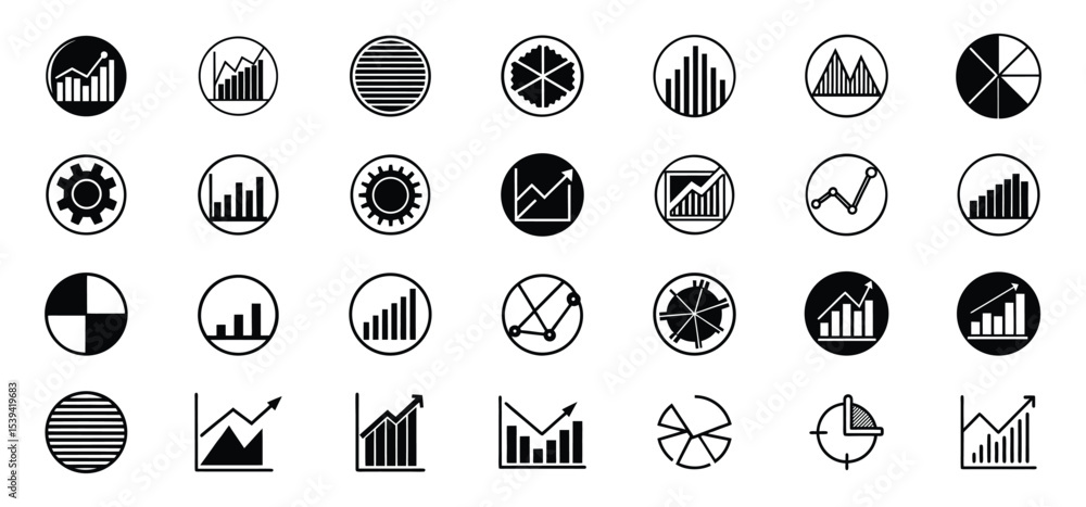 Poster set of thirty black and white business and financial chart and graph icons for data visualization an