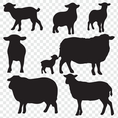 set of silhouettes of sheep. sheep illustration isolated on transparent background.