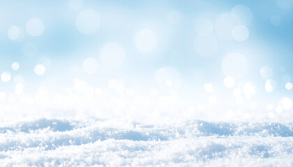 White snow and bright light against a bright blue bokeh background. Space concept for product promotional sales presentations.