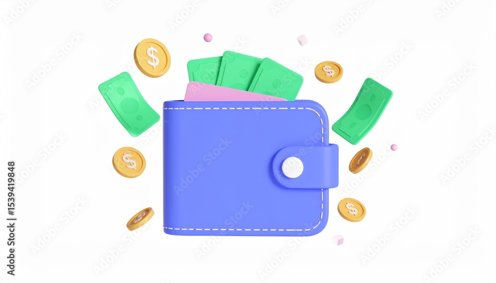 Poster animated wallet surrounded by coins and wealth symbols representing e-wallet concept in 3d render st