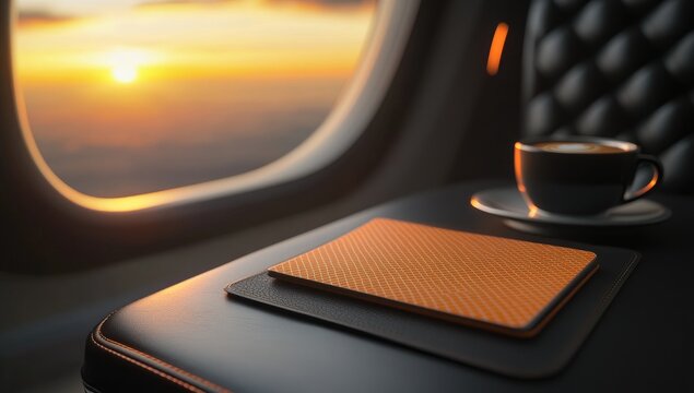 Airplane window seat with coffee and a book