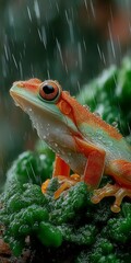 Rainforest Red Eyed Tree Frog in Rain  Lush Moss  Cinematic Lighting