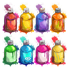 Cartoon paint bottles with brush strokes vibrant colors isolated on transparent background