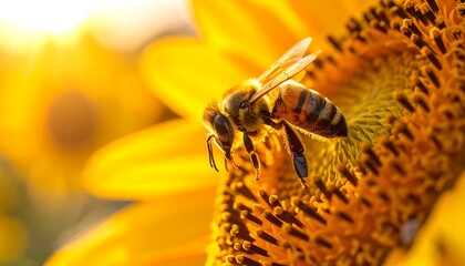 Bee pollinating sunflower at sunset.