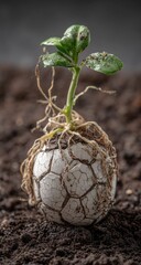 A small sprout emerges from the cracked shell of a soccer ball, resting in dark soil