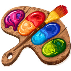 Cartoon palette with rainbow blobs wooden texture isolated on transparent background
