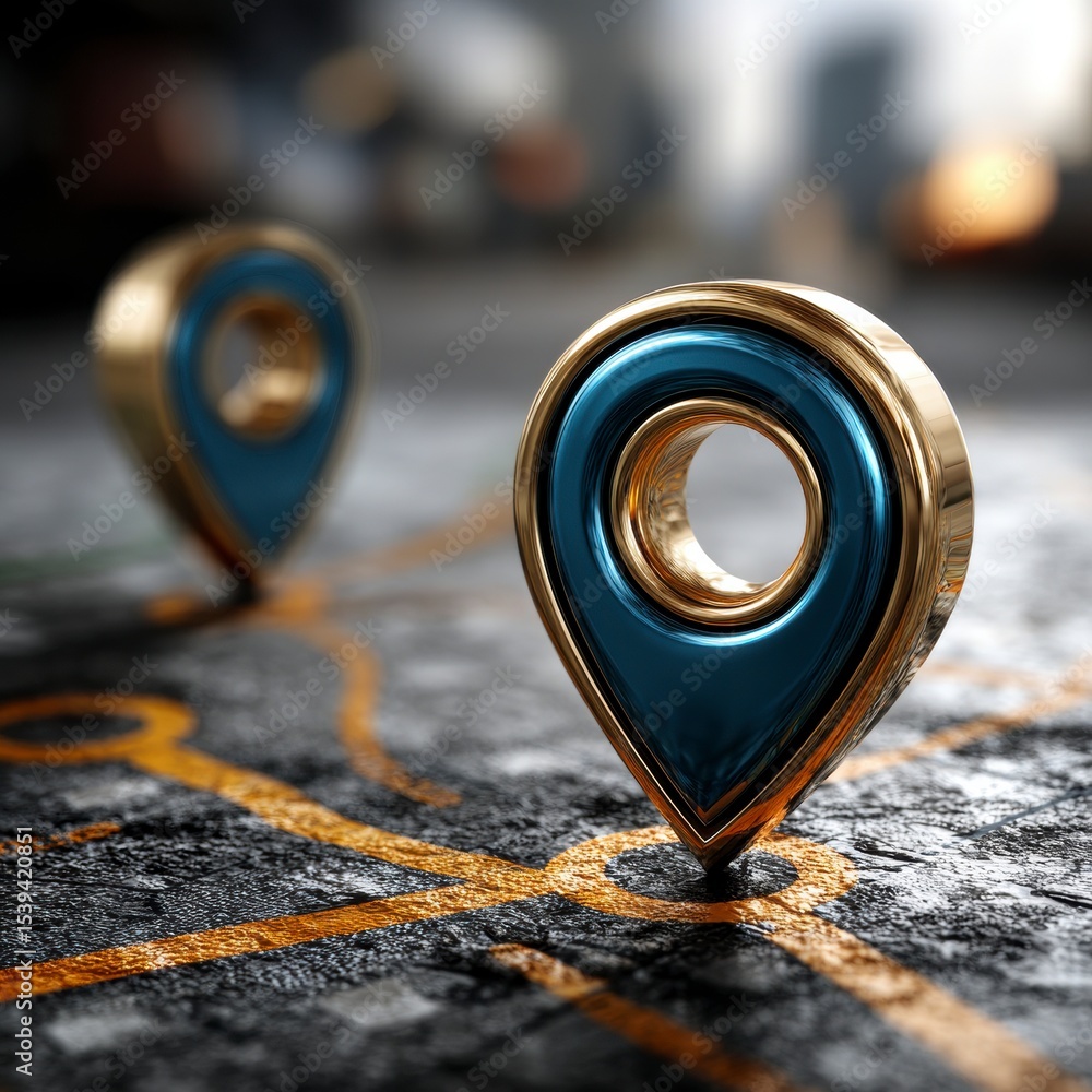 Poster 3d gold blue location pins on abstract map gps navigation app ui design