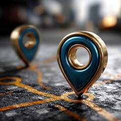 3D Gold   Blue Location Pins on Abstract Map  GPS Navigation App UI Design