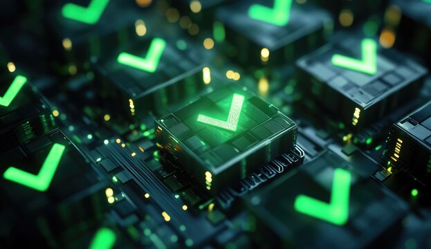 Digital checkmarks on a circuit board