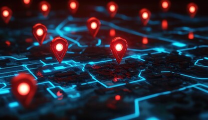 A city map overlaid with glowing circuits and red location pins