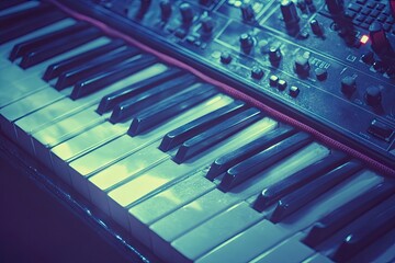 Close-up of electronic keyboard's keys and controls