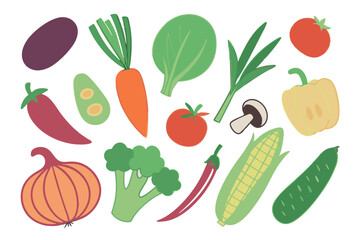 Colorful hand drawn vegetables isolated on a white background for healthy eating
